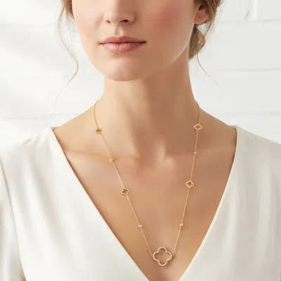Fashnzfab Gold Dipped Open Quatrefoil Charm Accent Cz Bezel Link Chain Long Necklace In Brown