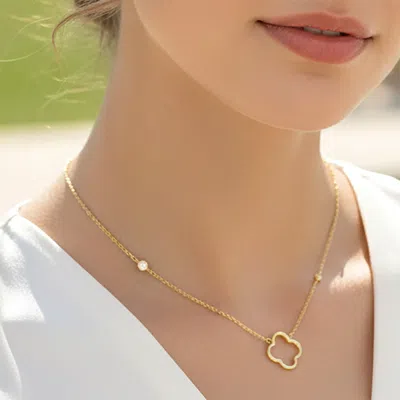 Fashnzfab Gold Dipped Open Quatrefoil Pendant Accent Cz Bezel Link Chain Necklace In Silver