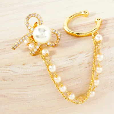 Fashnzfab Gold Dipped Pearl Accent Cz Stone Paved Bow Chain Ear Cuff Earrings - Cream, Gold