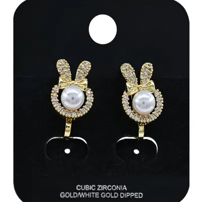 Fashnzfab Gold Dipped Pearl Accent Cz Stone Paved Bunny Clip On Earrings