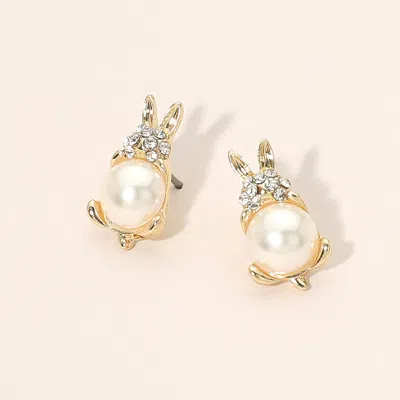 Fashnzfab Gold Dipped Pearl Accent Rhinestone Pave Bunny Stud Earrings Cream, Gold