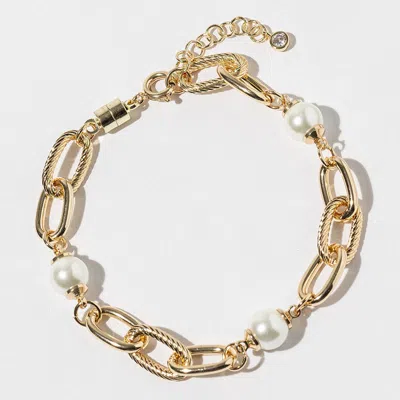 Fashnzfab Gold Dipped Pearl Accent Textured Chunky Chain Link Bracelet