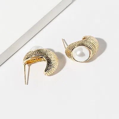 Fashnzfab Gold Dipped Pearl Accent Textured Crescent Hoop Earrings In Multi