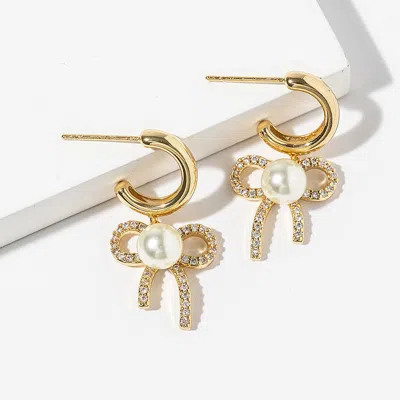 Fashnzfab Gold Dipped Pearl Center Cz Paved Bow Drop Mini Hoop Earrings In Multi