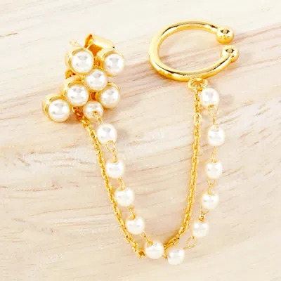 Fashnzfab Gold Dipped Pearl Cross Chain Ear Cuff Earrings - Cream, Gold