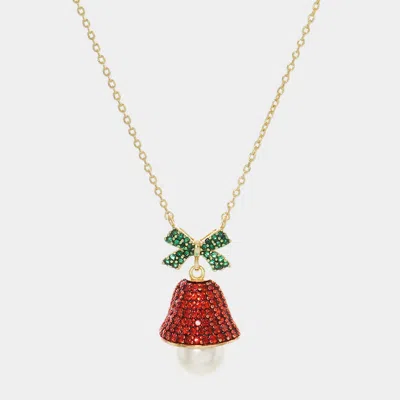 Fashnzfab Gold Dipped Pearl Cz Jingle Bell Pendant Necklace In Red