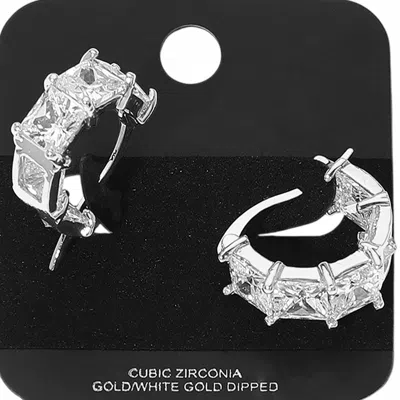 Fashnzfab Gold Dipped Princess Cut Cz Stone Cluster Around Pin Catch Small Hoop Earrings In Silver