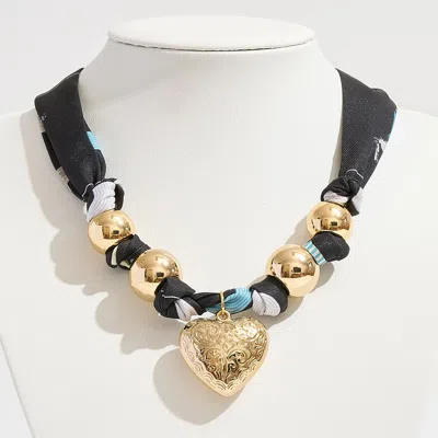 Fashnzfab Gold Dipped Puffy Textured Heart Charm Accent Fabric Scarf Necklace Adjustable Bracelet Bag Charm In Multi