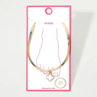 Fashnzfab Gold Dipped Quatrefoil Charm Herringbone Chain Anklet In Transparent