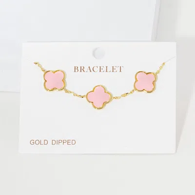 Fashnzfab Gold Dipped Quatrefoil Charm Link Bracelet In Pink