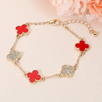 Fashnzfab Gold Dipped Quatrefoil Charm Link Station Bracelet In Red