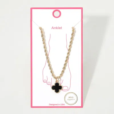 Fashnzfab Gold Dipped Quatrefoil Charm Twisted Chain Anklet In Black