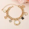 Fashnzfab Gold Dipped Quatrefoil Heart Love Charm Watch Bracelet - Black, Gold In Brown