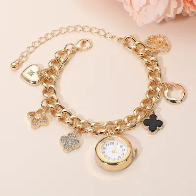 Fashnzfab Gold Dipped Quatrefoil Heart Love Charm Watch Bracelet - Black, Gold In Brown