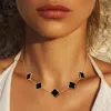 Fashnzfab Gold Dipped Quatrefoil Pendant Link Necklace - Black In Black