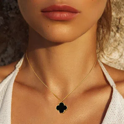 Fashnzfab Gold Dipped Quatrefoil Pendant Necklace 15.5" + 2" L In Black