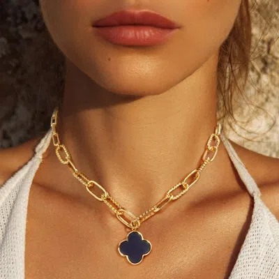Fashnzfab Gold Dipped Quatrefoil Pendant Necklace In Black