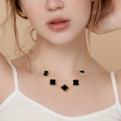 Fashnzfab Gold Dipped Quatrefoil Station Necklace In Black