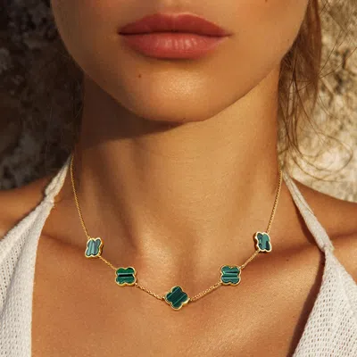 Fashnzfab Gold Dipped Quatrefoil Station Necklace In Green