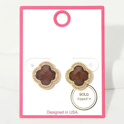 Fashnzfab Gold Dipped Quatrefoil Stone Stud Earrings