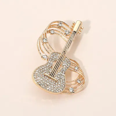 Fashnzfab Gold Dipped Rhinestone Embellished Guitar Musical Note Pin Brooch In Silver
