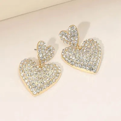 Fashnzfab Gold Dipped Rhinestone Pave Double Heart Link Drop Earrings Clear, Gold