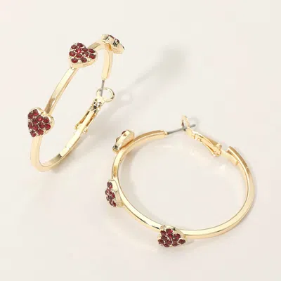 Fashnzfab Gold Dipped Rhinestone Pave Heart Charm Around Hoop Earrings In Red