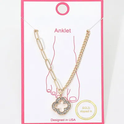 Fashnzfab Gold Dipped Rhinestone Pave Open Quatrefoil Charm Accent Anklet