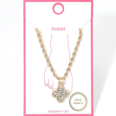 Fashnzfab Gold Dipped Rhinestone Pave Quatrefoil Charm Twisted Chain Anklet In Multi