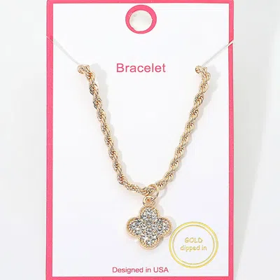 Fashnzfab Gold Dipped Rhinestone Pave Quatrefoil Charm Twisted Chain Bracelet