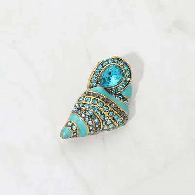 Fashnzfab Gold Dipped Rhinestone Pave Seashell Pin Brooch In Blue
