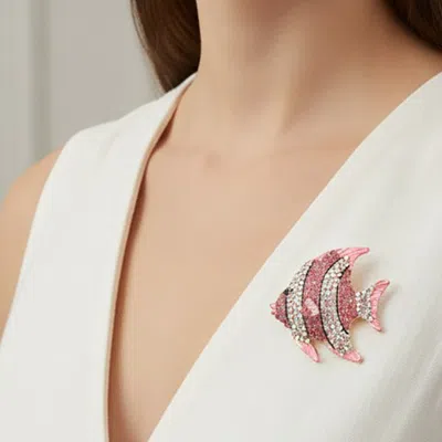 Fashnzfab Gold Dipped Rhinestone Pave Tropical Fish Pin Brooch In Pink