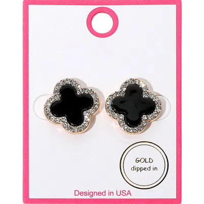 Fashnzfab Gold Dipped Rhinestone Rim Quatrefoil Stud Earrings In Multi