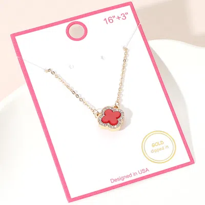 Fashnzfab Gold Dipped Rhinestone Trim Quatrefoil Pendant Necklace - Gold, Red In Multi