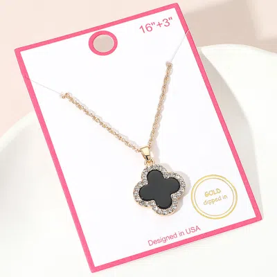 Fashnzfab Gold Dipped Rhinestone Trim Quatrefoil Pendant Necklace In Black