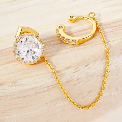 Fashnzfab Gold Dipped Round Cz Stone Accent Chain Ear Cuff Earrings - Clear, Gold