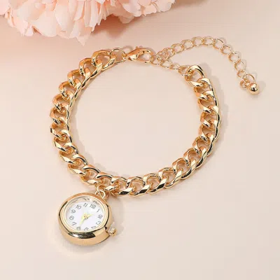 Fashnzfab Gold Dipped Round Watch Charm Classic Chain Bracelet - Gold
