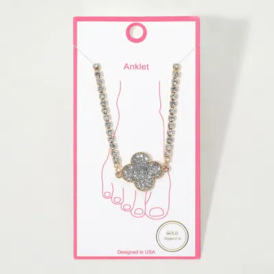 Fashnzfab Gold Dipped Stone Pave Quatrefoil Charm Link Tennis Chain Anklet In Purple