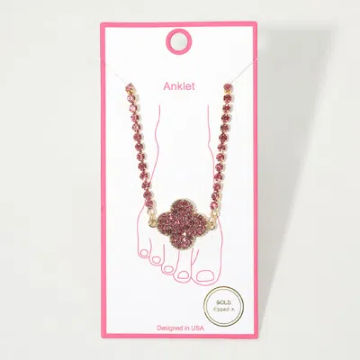 Fashnzfab Gold Dipped Stone Pave Quatrefoil Charm Link Tennis Chain Anklet In Pink