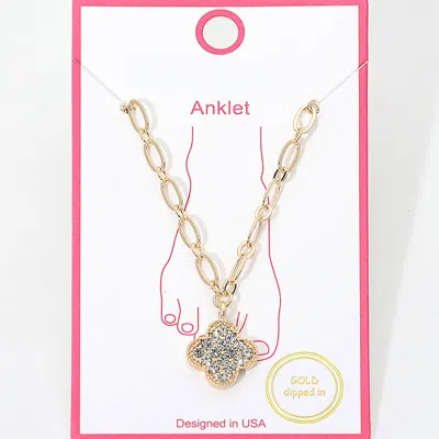 Fashnzfab Gold Dipped Stone Pave Quatrefoil Charm Textured Paperclip Chain Anklet