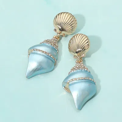 Fashnzfab Gold Dipped Stone Paved Pearly Conch Shell Dangle Statement Earrings In Blue