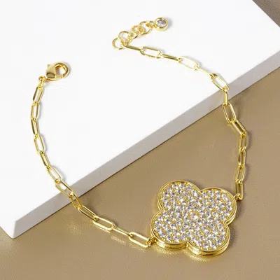 Fashnzfab Gold Dipped Stone Paved Quatrefoil Charm Pointed Paperclip Chain Bracelet In Multi