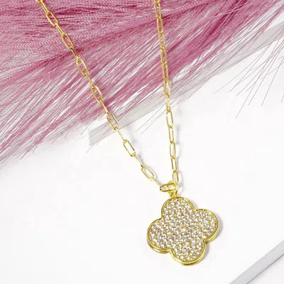 Fashnzfab Gold Dipped Stone Paved Quatrefoil Pendant Necklace