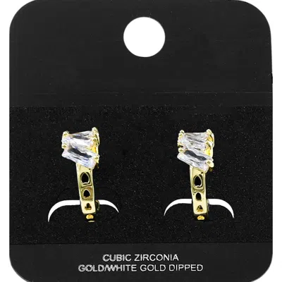 Fashnzfab Gold Dipped Triple Baguette Cut Cz Cluster Accent Mini Open Hoop Earrings Gold In Black