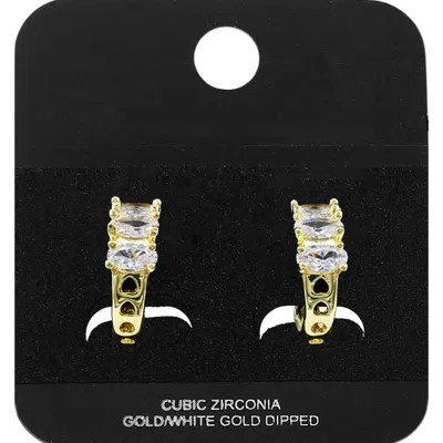 Fashnzfab Gold Dipped Triple Cz Stone Cluster Accent Mini Open Hoop Earrings Gold In Black