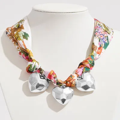 Fashnzfab Gold Dipped Triple Puffy Heart Charm Fabric Scarf Necklace Adjustable Bracelet Bag Charm In Multi