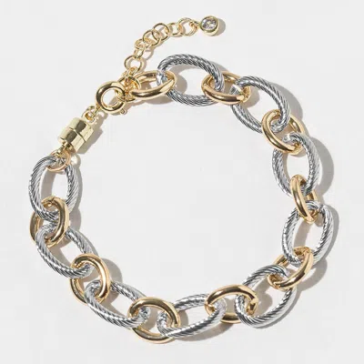 Fashnzfab Gold Dipped Two Tone Textured Oval Link Chain Bracelet - Two Tone In Silver