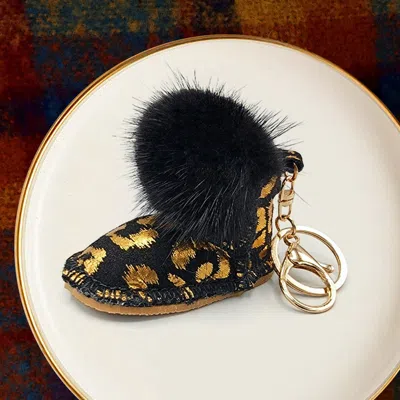 Fashnzfab Gold Foil Faux Fur Pom Pom Boot Keychain In Multi