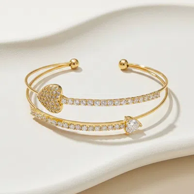 Fashnzfab Gold Plated Cz Pave Heart And Arrow Cuff Bracelet