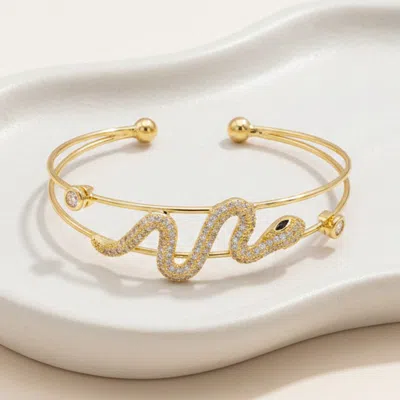 Fashnzfab Gold Plated Cz Pave Snake Accent Cuff Bracelet
